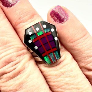 American Southwest Inlay Multi Gemstone Ring Sterling Silver Size 8